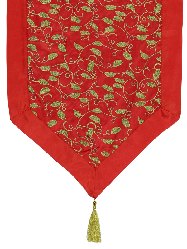 Red Christmas Table Runner With Green Holly Leaf Design &amp; Gold Tassel - 1.4m — image 2