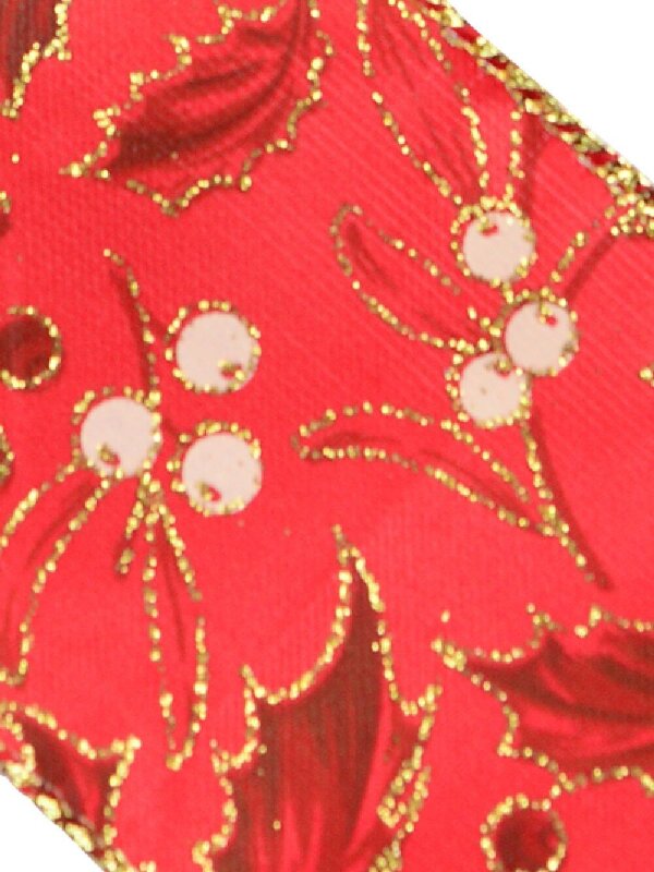 Red Fabric With Gold Glitter Holly Print Wide Cut Christmas Craft Ribbon - 3m