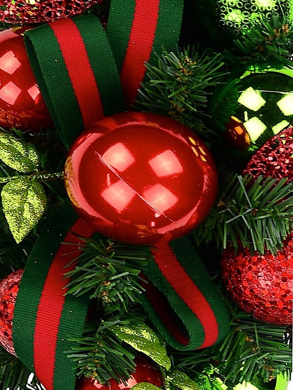 Red & Green Centrepiece With Baubles & Striped Ribbon - 74cm
