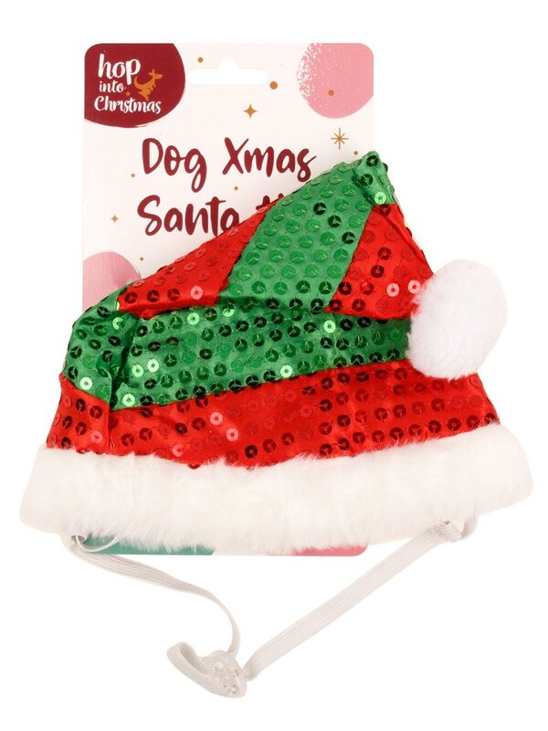 Red & Green Sequinned Dog Santa Hat With Adjustable Strap | Small To Medium — image 3