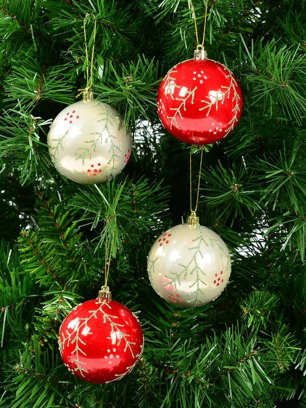 Red & Pearl Christmas Baubles With Glitter Leaves & Dots Pattern - 4 x 80mm — image 4