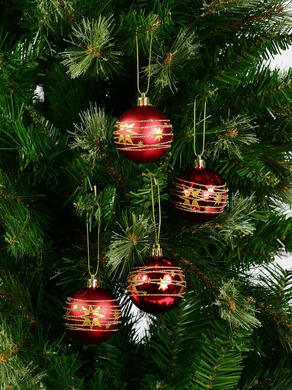 Red Shiny & Matte Baubles With Gold Stars & Glitter Stripes Design - 6 x 60mm — image 4