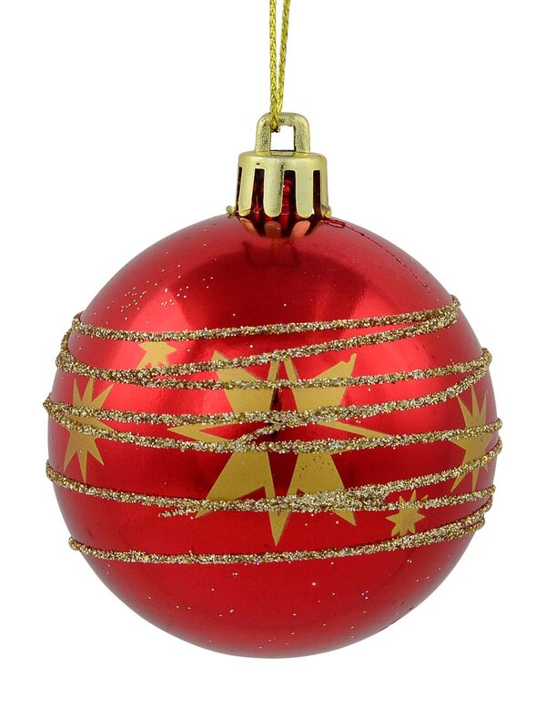 Red Shiny & Matte Baubles With Gold Stars & Glitter Stripes Design - 6 x 60mm — image 2