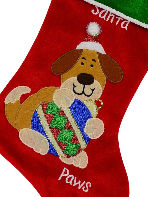 Red Velvet Santa Paws Christmas Stocking With Dog Embroidery - 40cm