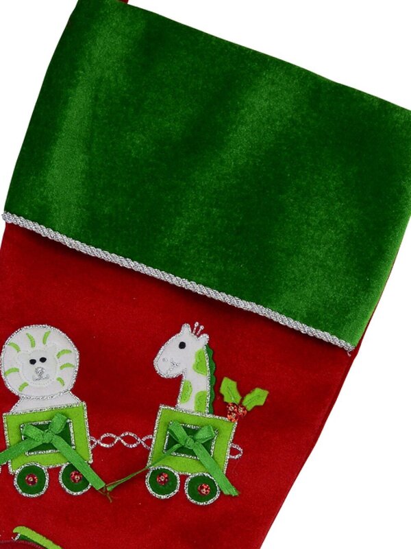 Red Velvet With Green Santa Train & Toys Applique Christmas Stocking - 48cm — image 2