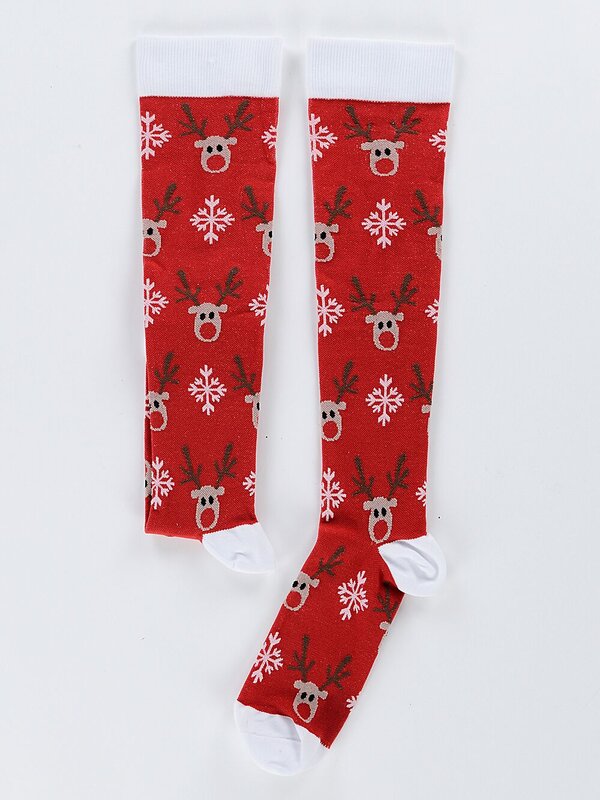 Reindeer & Snowflakes Pattern Red Long Christmas Socks - One Size Fits Most