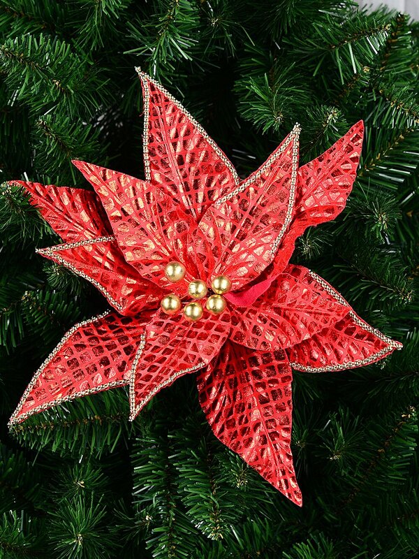 Shiny Red Grid Pattern & Gold Beads Poinsettia Christmas Tree Clip Pick | 36cm — image 2
