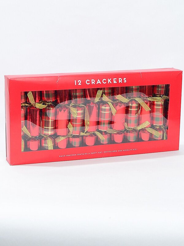 Shiny Red Plain & Tartan Look Christmas Cracker Bon Bons - 12 x 22cm