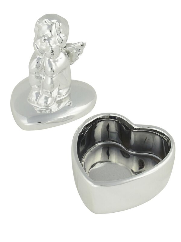 Silver Cupid On Heart Shaped Box Keepsake Ceramic Christmas Ornament - 13cm