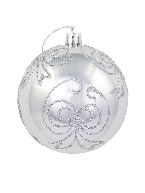 Silver Metallic Baubles With Silver Glitter Bow Design - 4 x 80mm