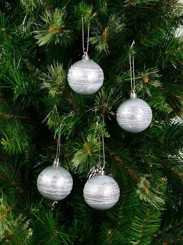 Silver Pearl Baubles With Silver Glittered White Stripes - 12 x 60mm — image 3