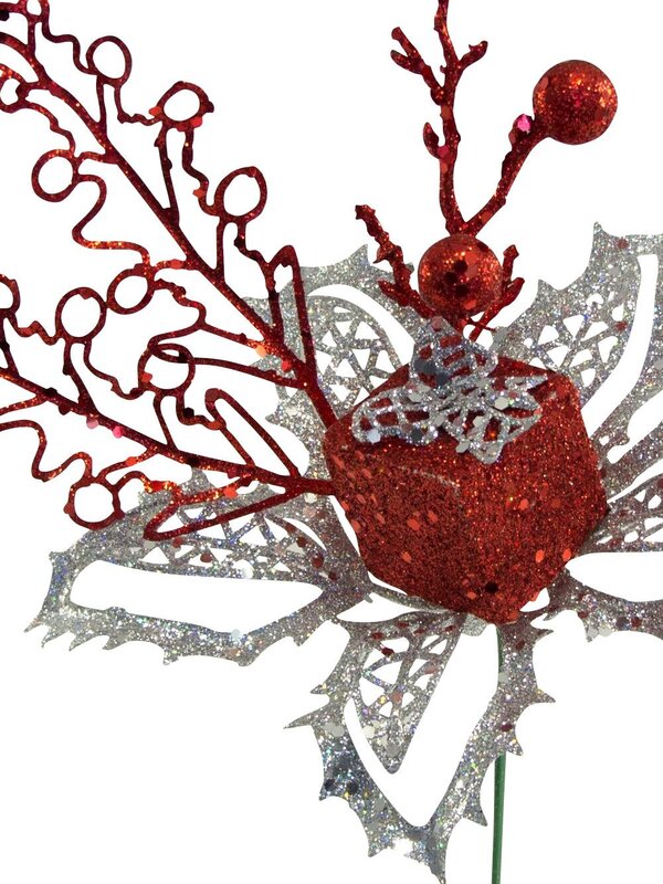 Silver & Red Poinsettia Decorative Pick With Gift Decoration - 15cm