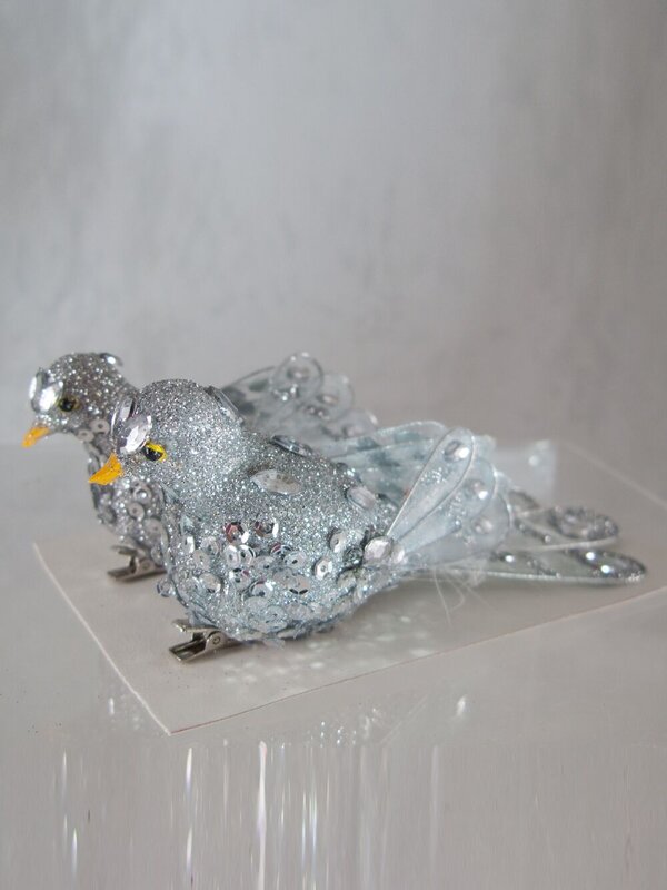Silver Sequin Glitter Birds - 2 x 14cm