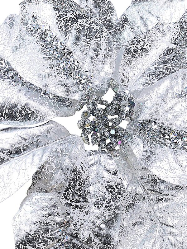 Silver With Sequins Poinsettia Decorative  Christmas Floral Pick - 28cm