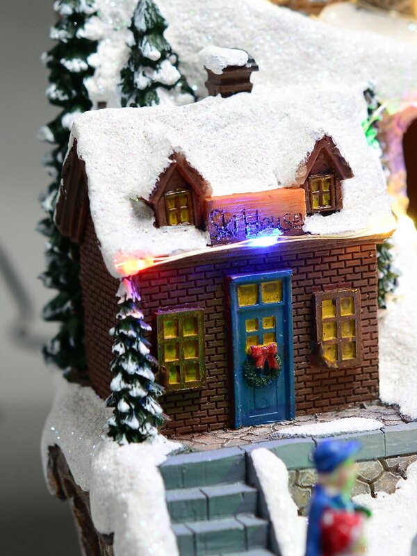 Ski Mountain Village Scene with LED Lights & Moving Figures - 30cm