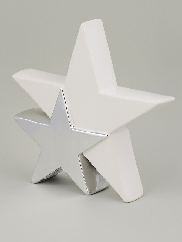 Standing Double Star In White With Silver Ceramic Christmas Ornament - 17cm — image 2