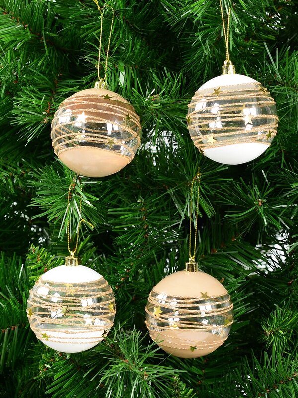 Taupe, White & Clear Baubles With Gold Stars & Glitter Lines - 6 x 60mm — image 5