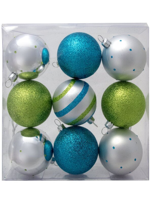 Turquoise, Lime & Silver Baubles With Assorted Patterns - 9 x 60mm  — image 2