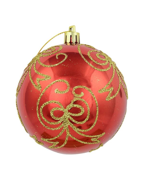 Watermelon Red Metallic Baubles With Gold Glitter Bow Designs - 4 x 80mm