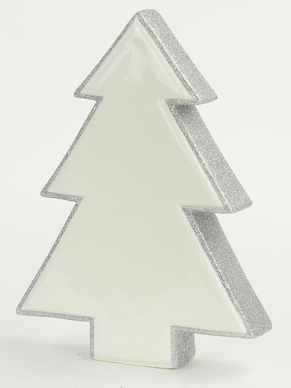 White Ceramic With Silver Glitter Free Standing Tree Ornament - 16cm