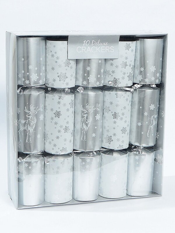White & Silver Reindeer & Snowflakes Christmas Cracker Bon Bons - 10 x 36cm