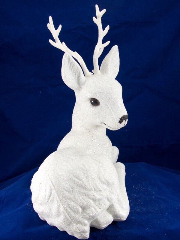 White Sitting Glittered Reindeer Ornament - 34cm