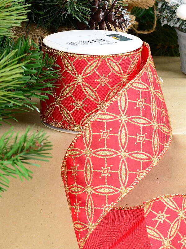 Wired Red Organza Ribbon Gold Glitter Circles & Squares | 9m x 63mm — image 2