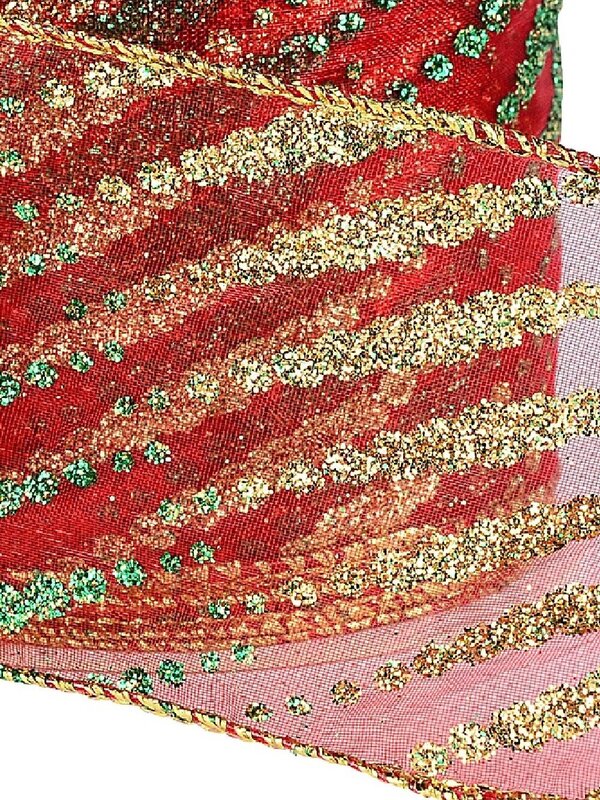 Wired Red Sheer Christmas Ribbon Gold & Green Tapered Lines | 9m x 63mm — image 3