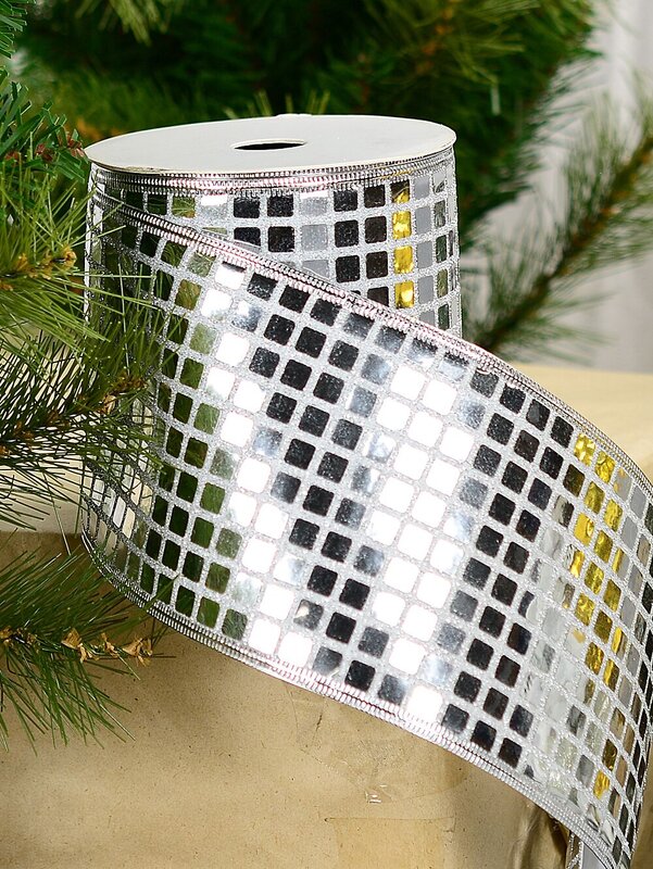 Wired Silver Glitter Sheer Ribbon Reflective Mirror Ball | 10m x 10cm — image 5