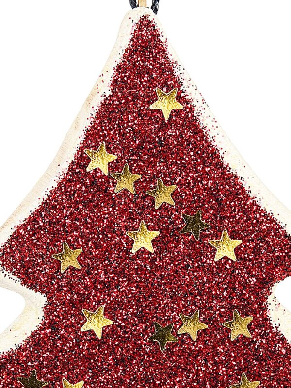 Wood Tree With Red Glitter & Stars Christmas Tree Hanging Decoration - 11cm