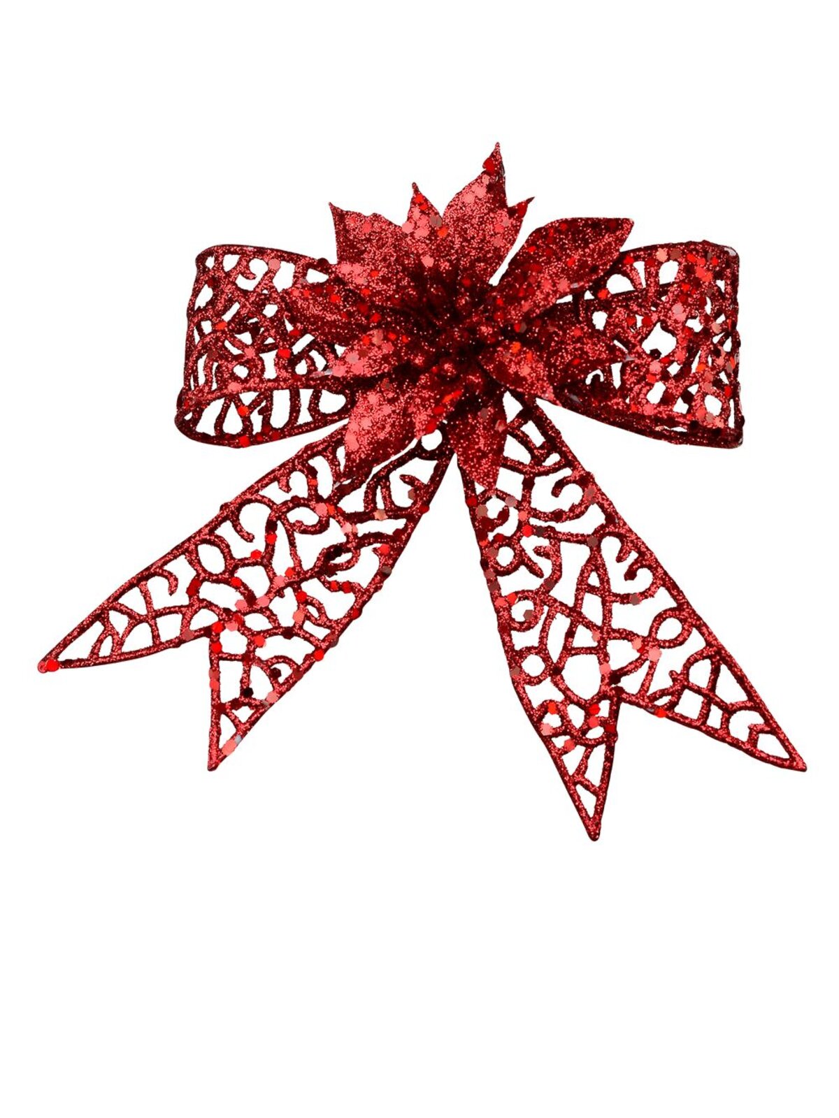 Red Mesh Poinsettia Flower & Ribbon Christmas Bow Clip Pick | 13cm