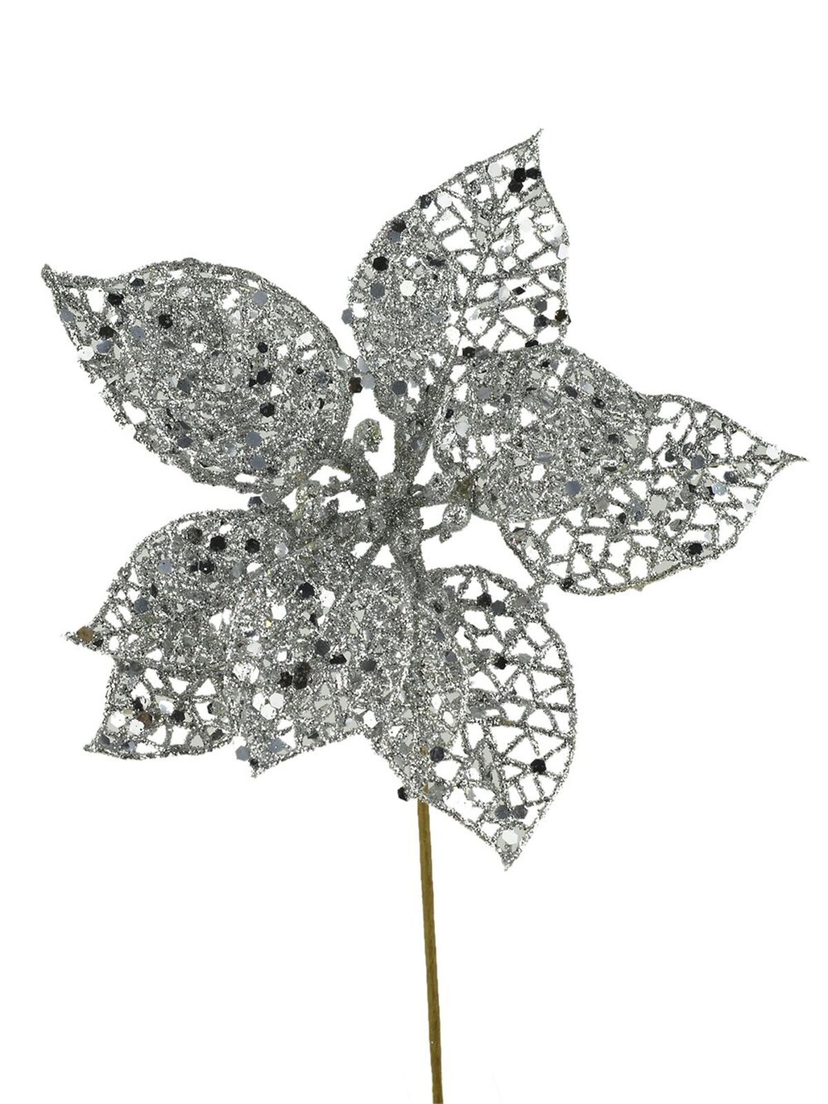 Silver Perforated Petal Poinsettia Christmas Tree Stem Pick | 17cm