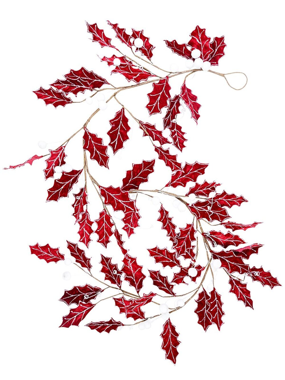1.8m Red Velvet Holly Leaf Christmas Vine Garland | Silver Glitter & Snow Berries