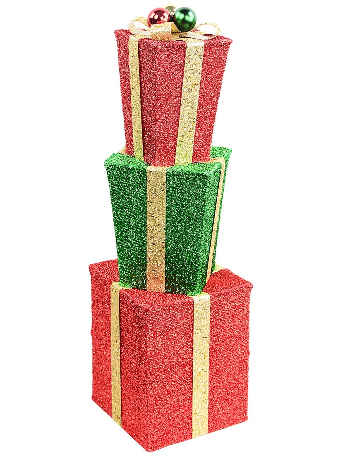Tiered Red & Green Layered Tinsel Gift Boxes Large Display Decoration | 71cm