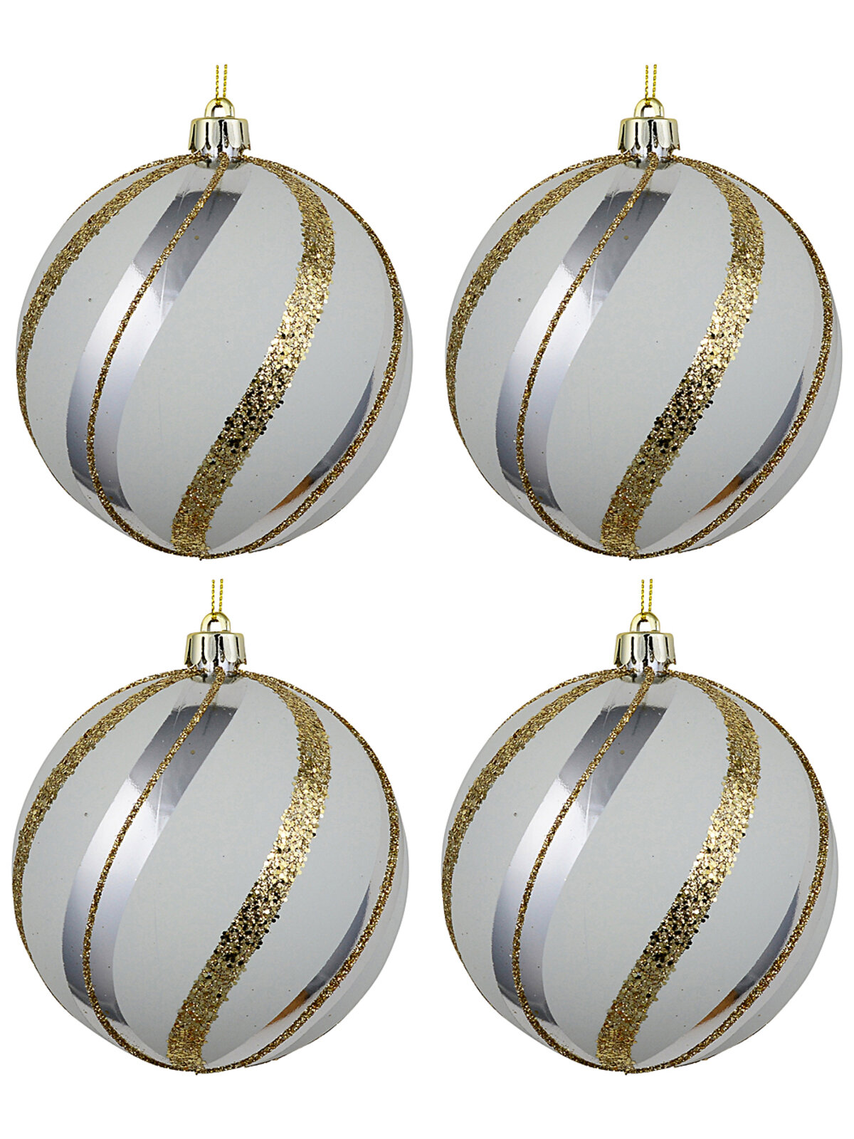 4x Whimsical White Silver & Gold Signature Swirl Baubles | 10cm