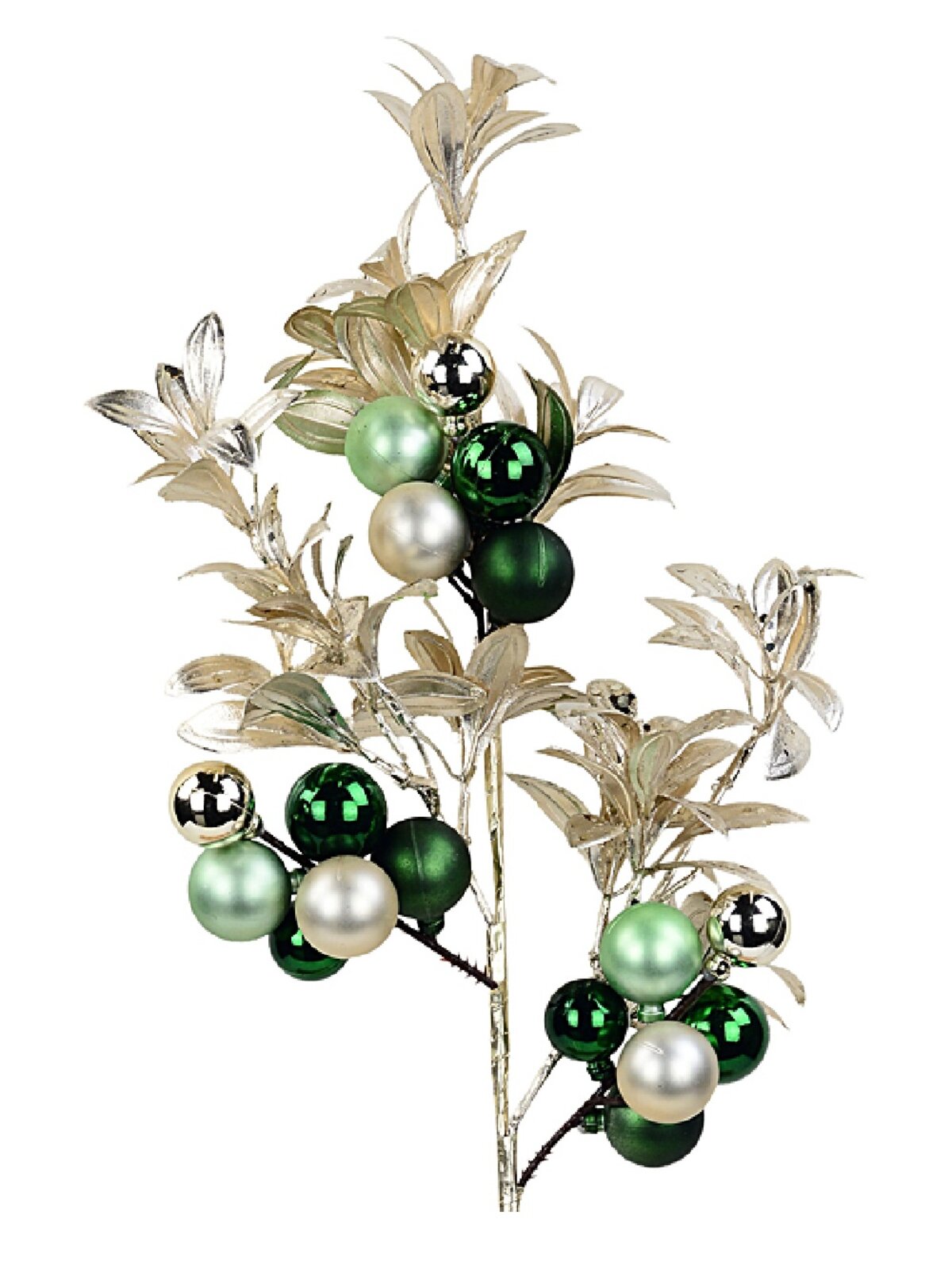 Sage & Champagne Christmas Leaf Spray Stem With Multi-Tone Baubles | 62cm
