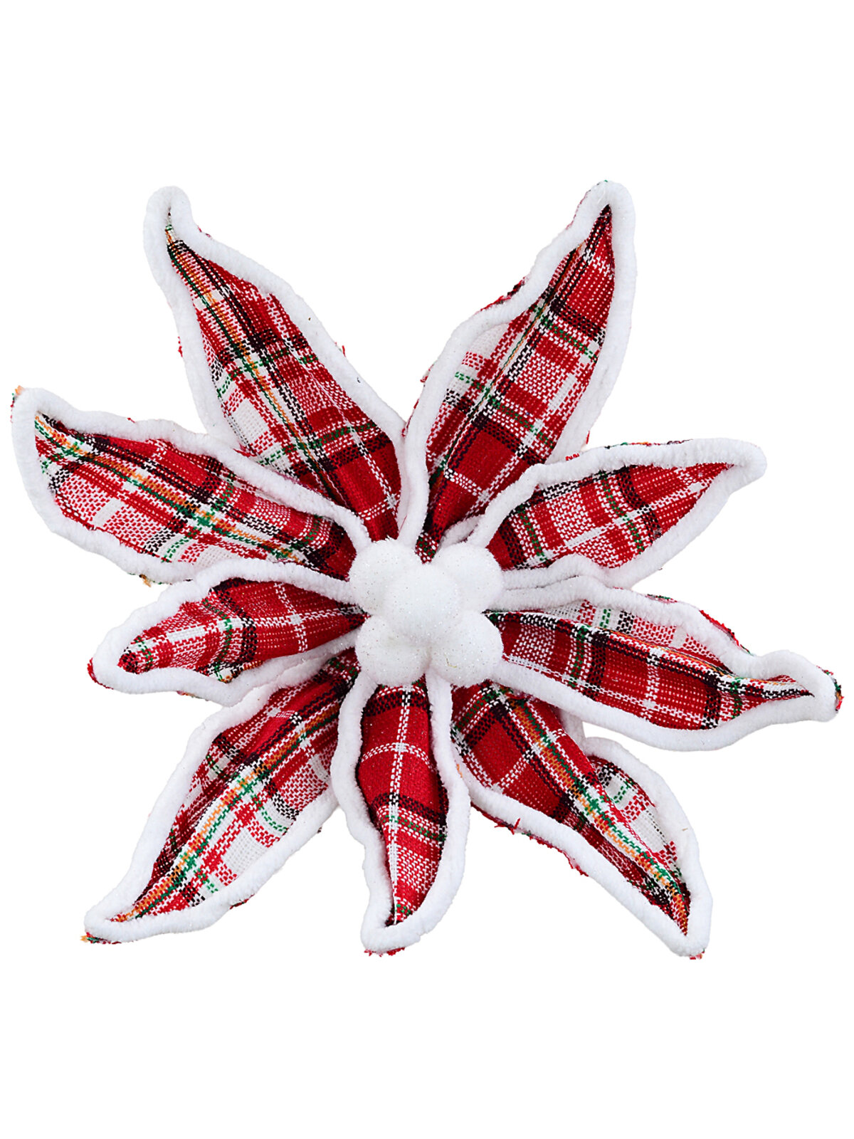 Red Tartan Plaid & Faux Fur Poinsettia Christmas Clip Stem | 30cm