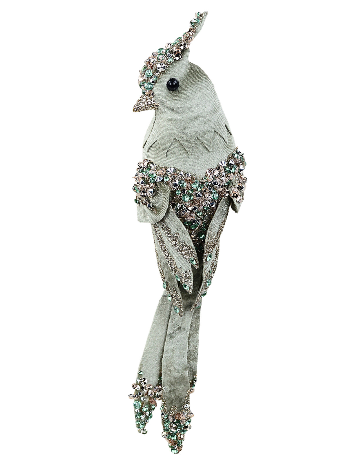 Sage Green Velvet Cockatoo Pick With Rose Gold & Emerald Jewels | 30cm