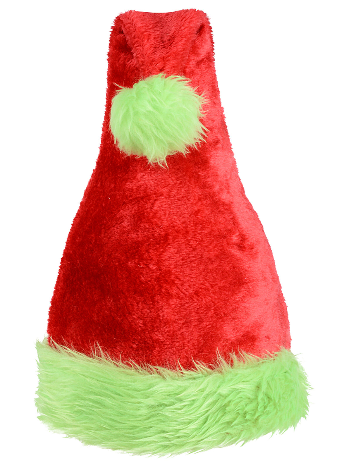 Plush Red Grinch Santa Hat With Green Faux Fur Trim | One Size Fits Most