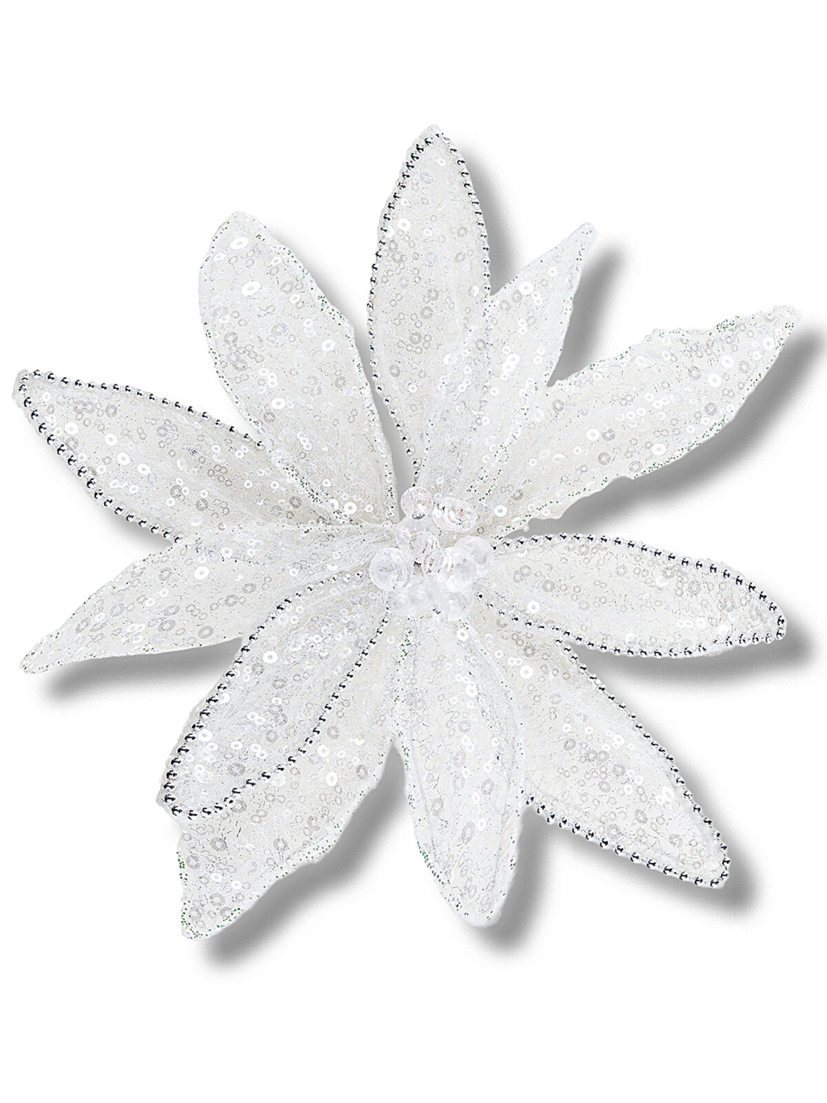 Silver Bead & Iridescent White Organza Lattice Poinsettia Clip Stem | 30cm