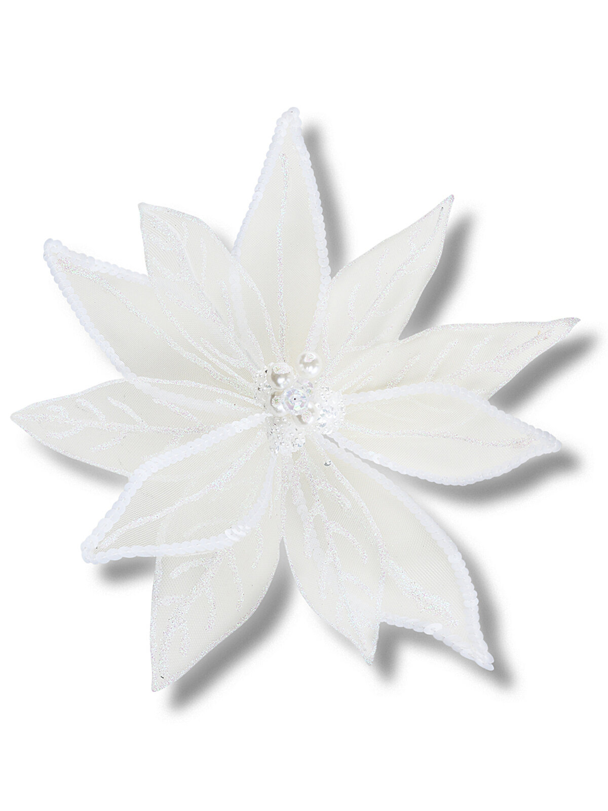 Ethereal White Organza & Shimmer Sequin Poinsettia Clip Stem | 30cm