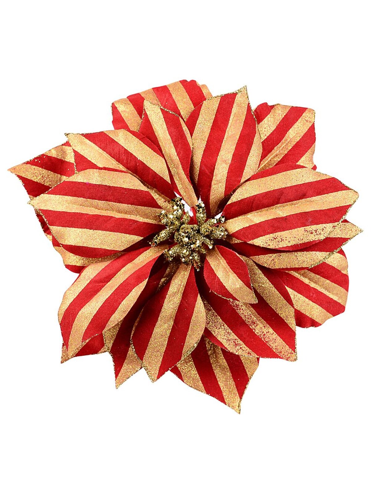 Red & Gold Glitter Stripe Poinsettia Christmas Tree Clip Pick | 22cm