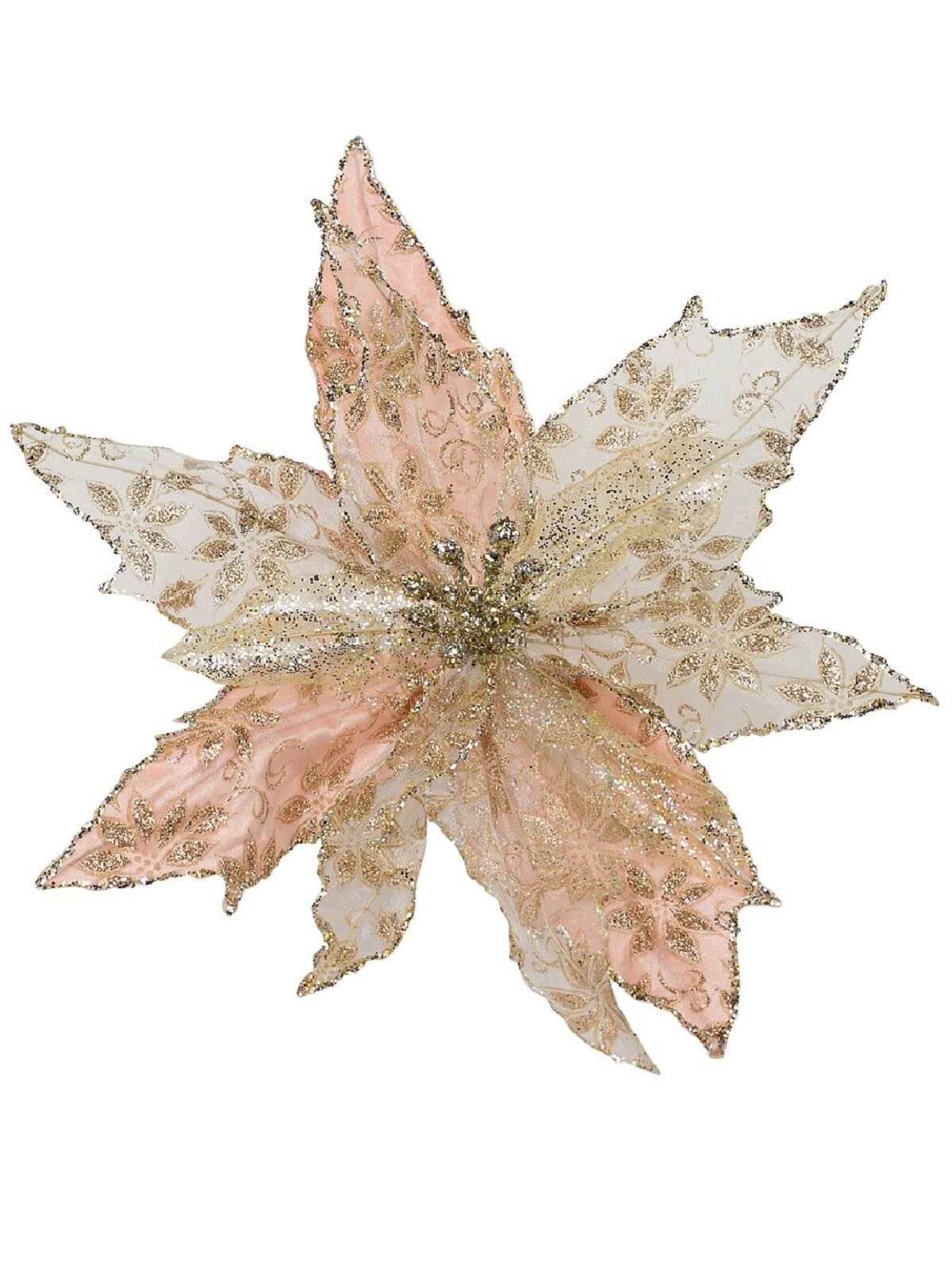 23cm Pink Mesh & Fabric Petal Poinsettia Flower Christmas Tree Clip Pick