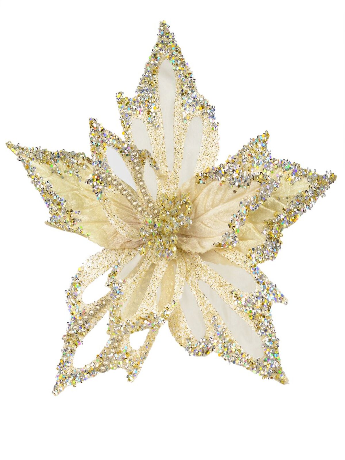 Soft Gold Poinsettia Christmas Tree Clip Pick With Diamantes | 23cm
