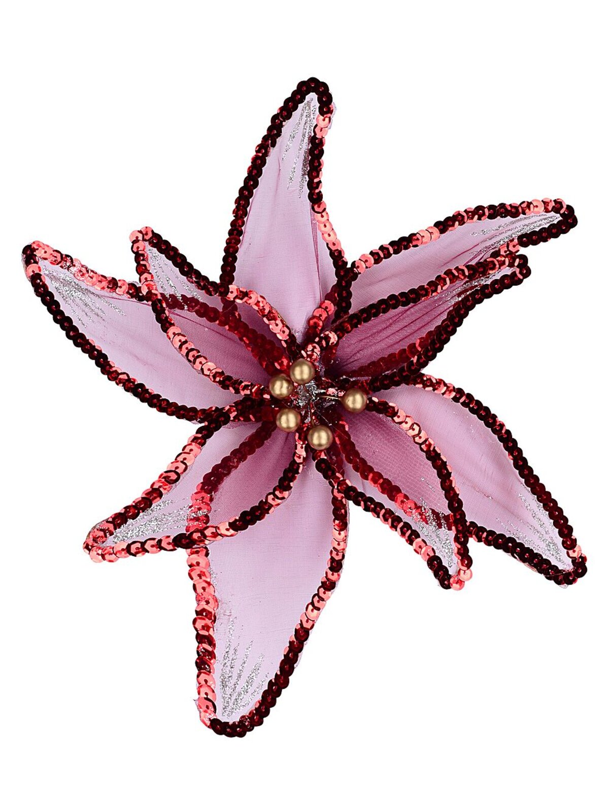Red Organza Poinsettia With Sequins Christmas Tree Clip Pick | 25cm