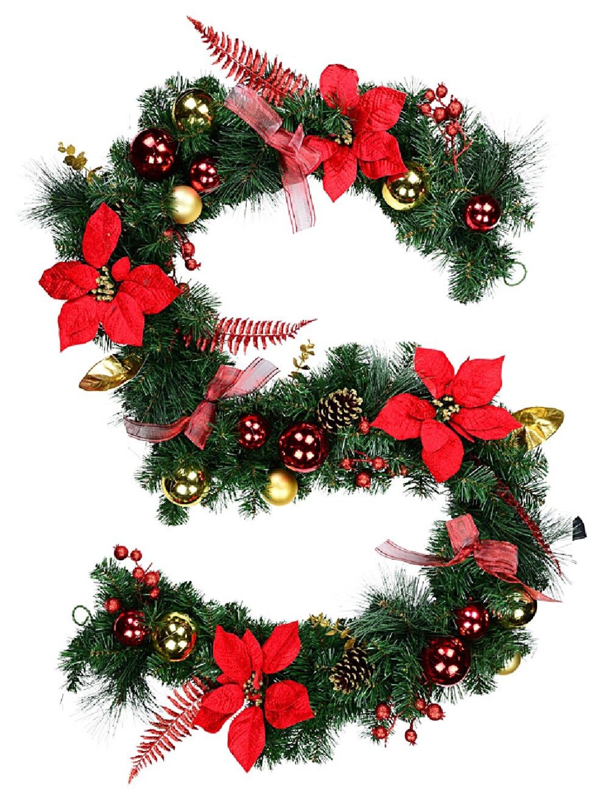 2.7m Decorated Red & Gold Poinsettia Christmas Garland | Baubles & Mesh Bows