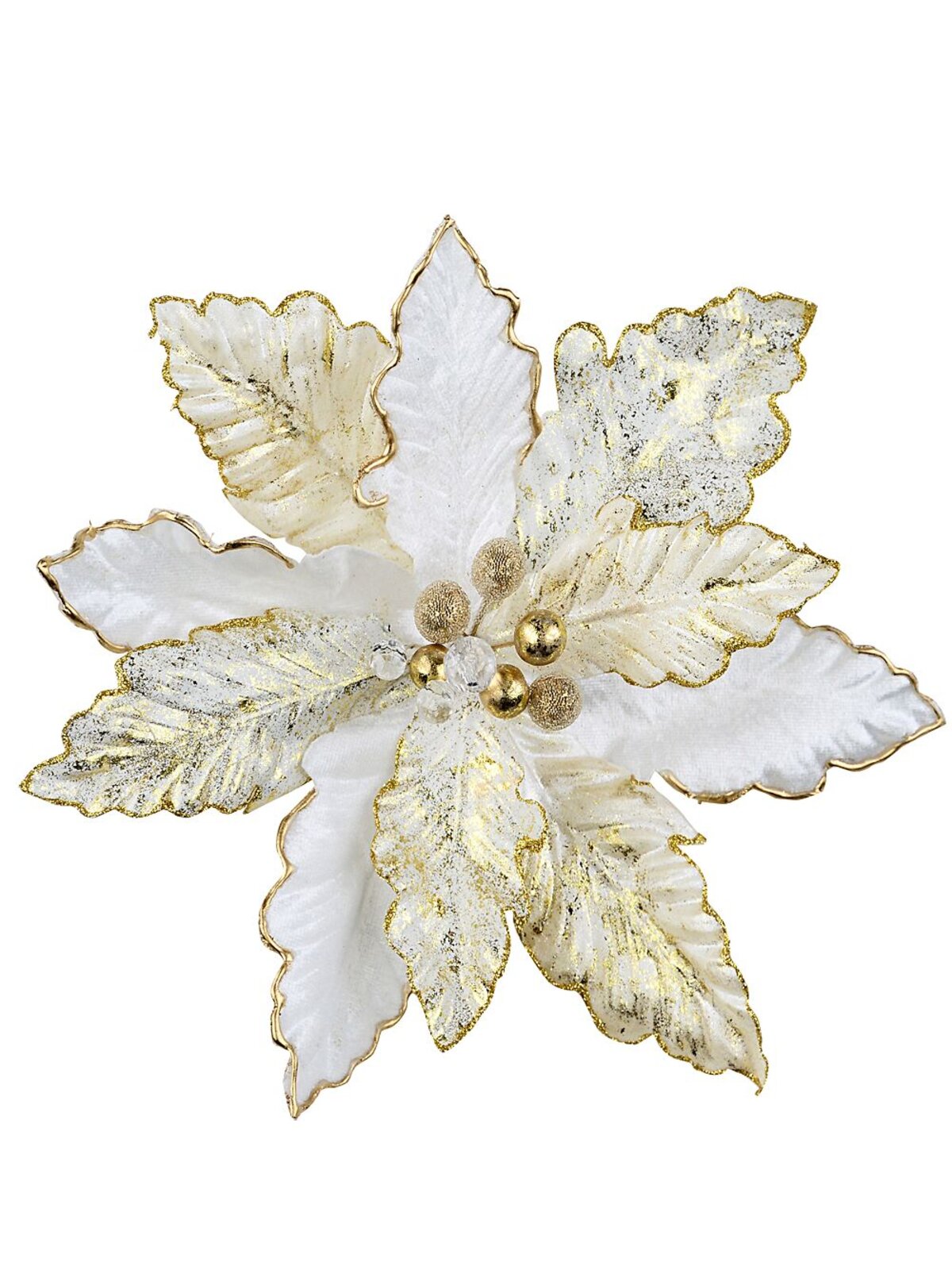 White Velvet & Splatter Gold Poinsettia Christmas Tree Clip Pick | 28cm