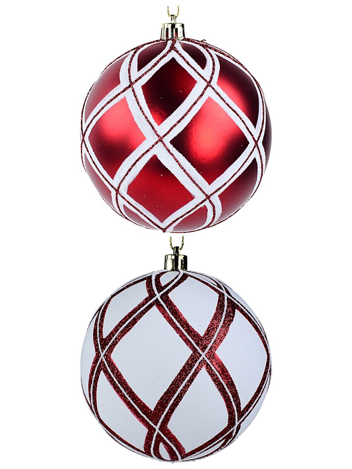 2x Dynamic Red & White Signature Glitter Diamond Line Baubles | 10cm