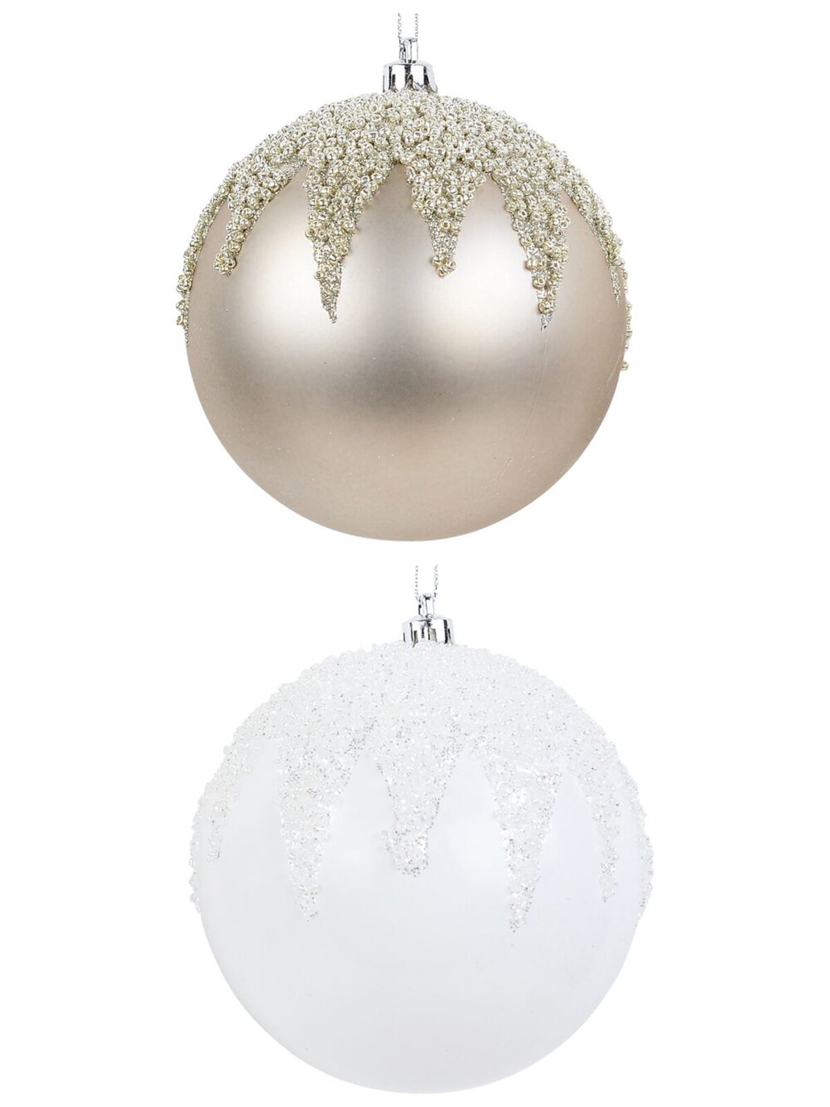 2x Opulent White & Champagne Signature Beaded Icicle Baubles | 10cm