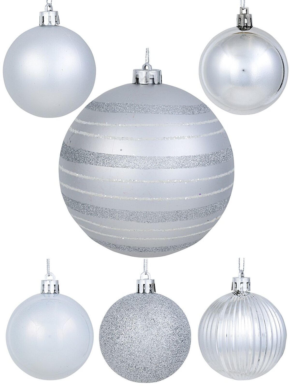 32x Lustrous Silver Essential & Grand Mixed Finish Baubles | 60mm & 15cm